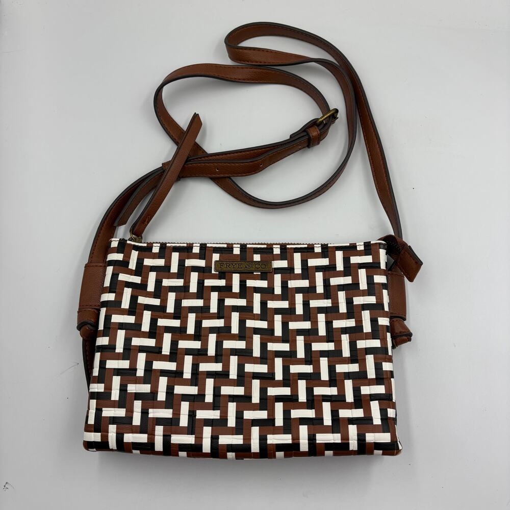 Frye & Co. Small Crossbody Basket Weave Bag Brown White Black Adjustable Strap